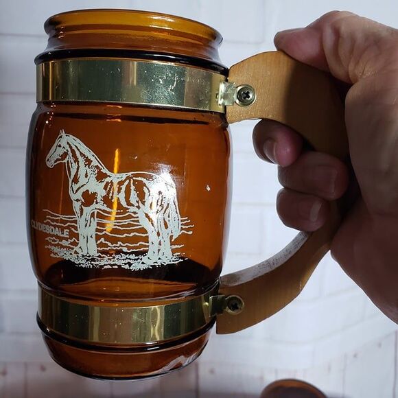 Vintage Siesta Ware Brown Glass Horse Mugs Set 4 Western Wood Handle Beer Steins - Picture 6 of 8